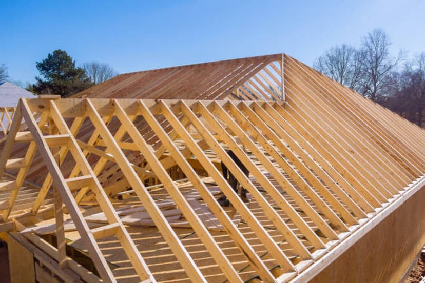 Newly framed roof construction with wooden trusses under a clear blue sky.