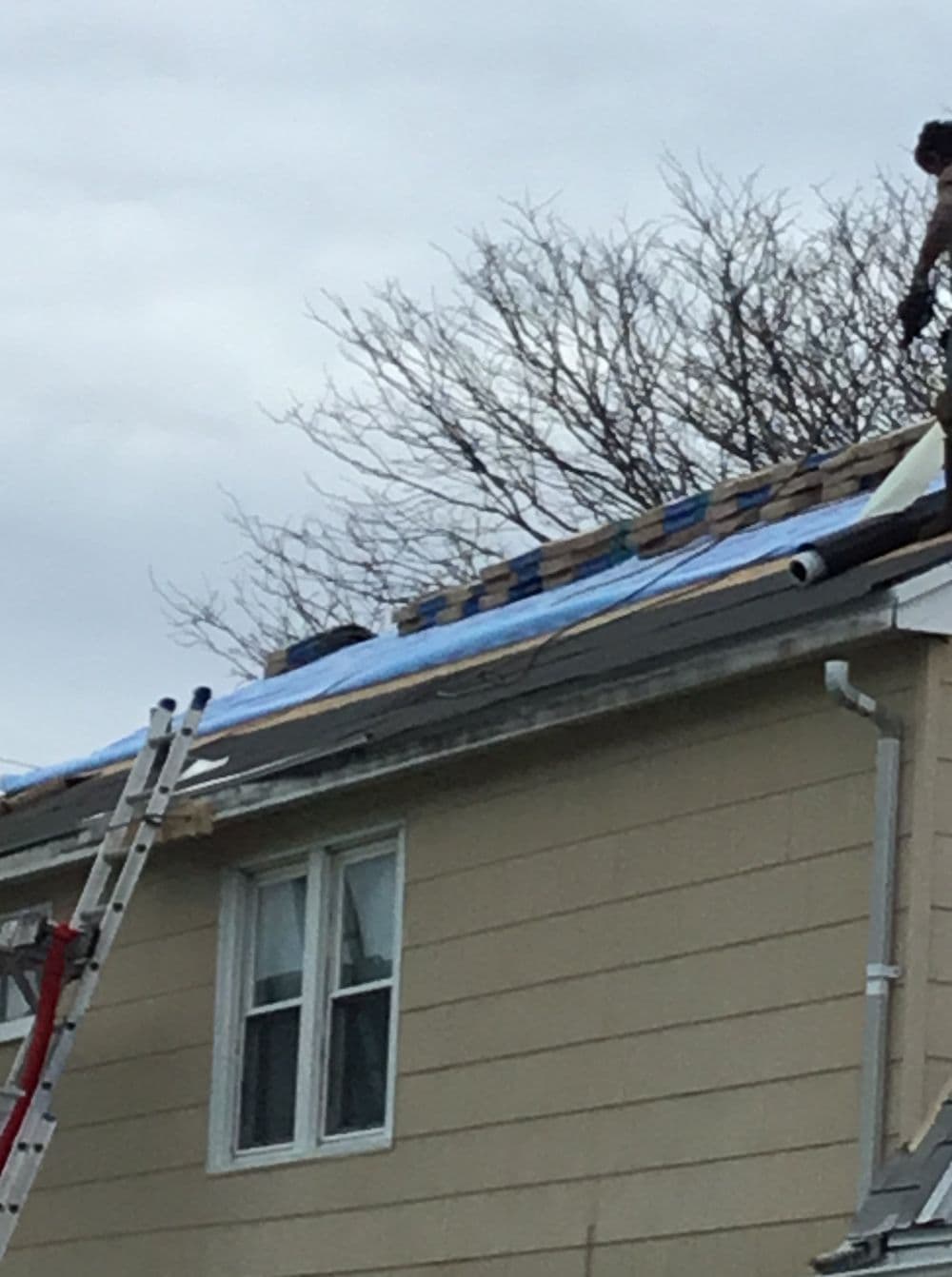 Roofing project in progress with worker and ladder near residential home.